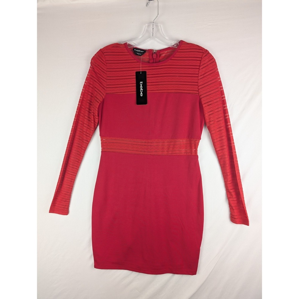 Bebe Dress Womens X-Small Red Striped Sheer Bodycon Long Sleeve  SALT1099 NWT
